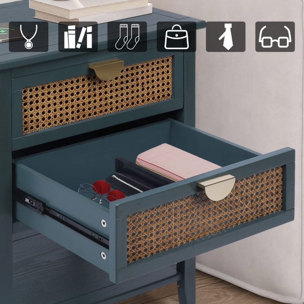 PEIHONGET Nightstands with 2 Drawers, Rattan Night Stand Bedside Table End Table Standing Storage Cabinet Organizer Dresser Drawer and Shelf for Entryway, Living Room, Bedroom, Nursery(Green)