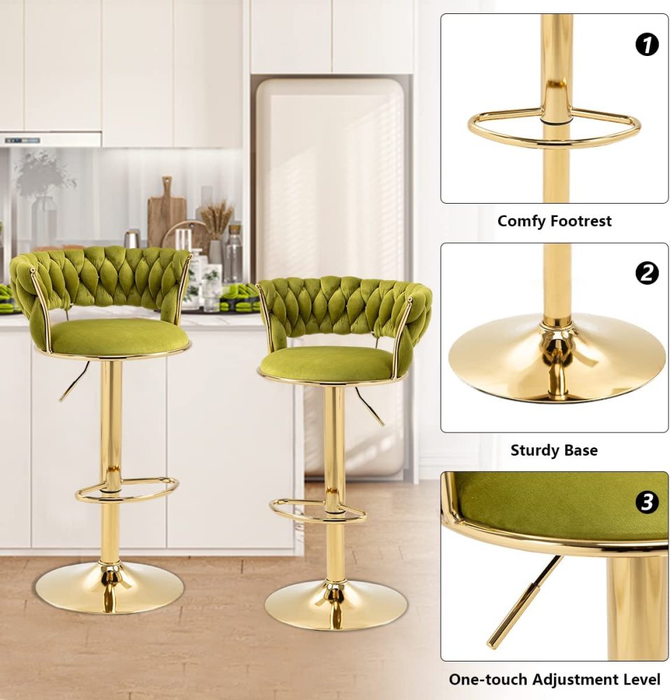 SZLIZCCC Velvet Woven Barstools Set of 2, Height Adjustable Kitchen Counter Stool, Island Chair, 360°Swivel Bar Chairs Gold Metal Chassis and Low Back Bar Stool