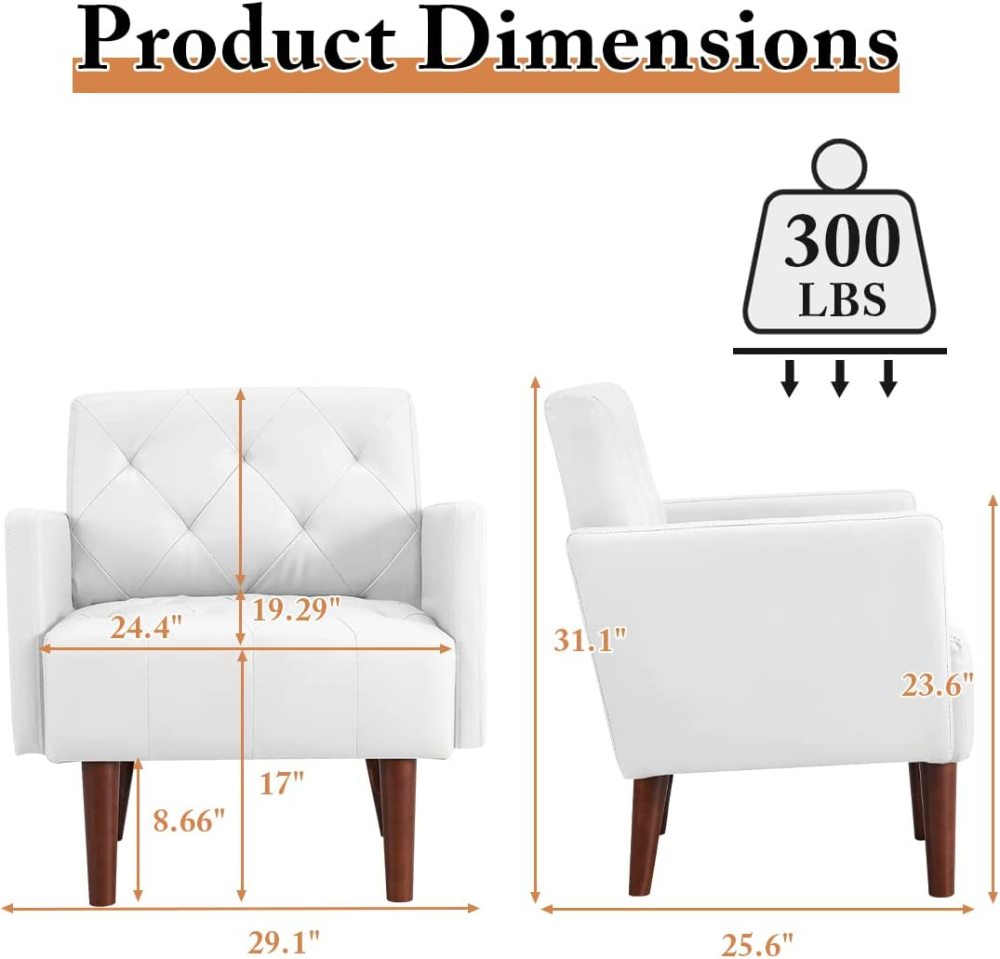 SZLIZCCC PU Leather Accent Chair, Mid Century Modern Armchair for Living Room Reading Tufted Chair Single Sofa High-Density Foam Cushion Solid Wood Legs for Home, Bedroom, Office, Reception(White)