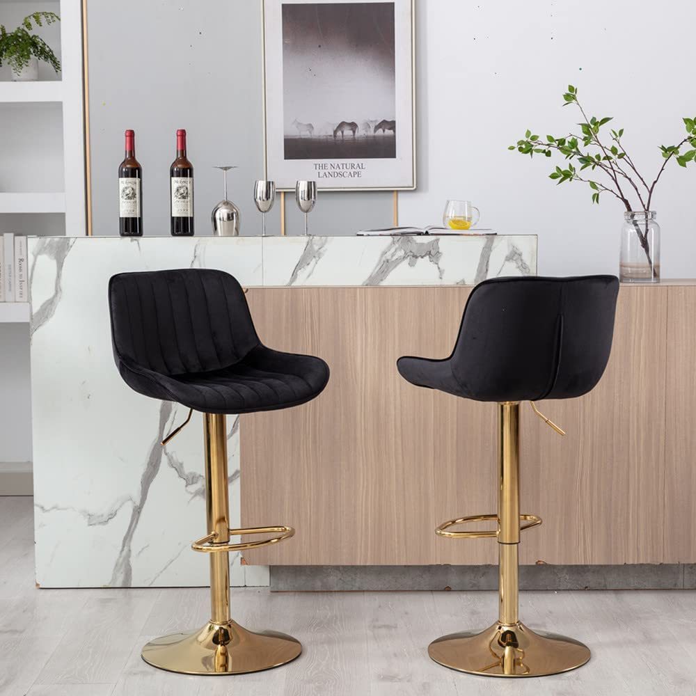 PEIHONGET Bar Stools Set of 2, 360° Swivel Barstools with Golden Base, Adjustable Airlift Counter Height Bar Stool Velvet Bar Chair with Padded Back for Kitchen, Home Bar, Pub Cafe( Black)