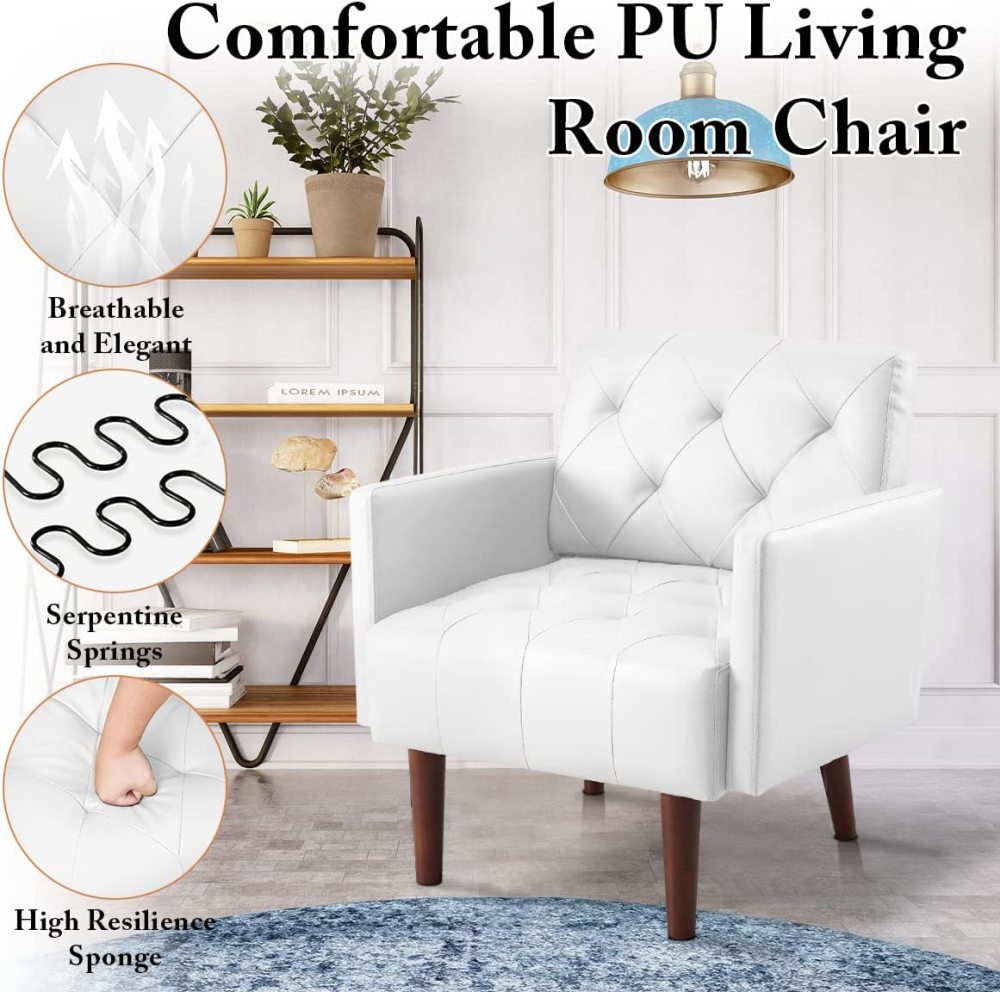 SZLIZCCC PU Leather Accent Chair, Mid Century Modern Armchair for Living Room Reading Tufted Chair Single Sofa High-Density Foam Cushion Solid Wood Legs for Home, Bedroom, Office, Reception(White)