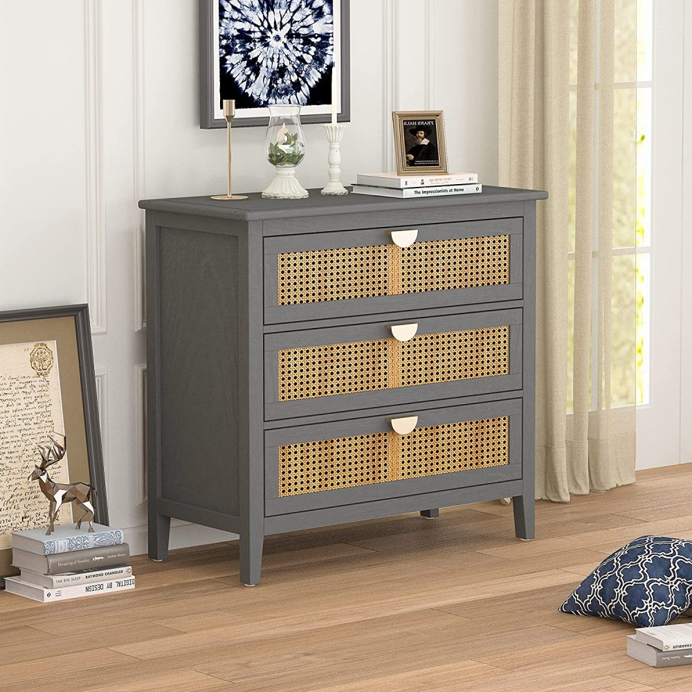 PEIHONGET 3 Drawer Dresser, Rattan Drawer Chest Modern Wood Storage Chest of Drawers with Metal Handles Storage Dresser for Kids Bedroom, Living Room, Hallway, Entryway (Grey)