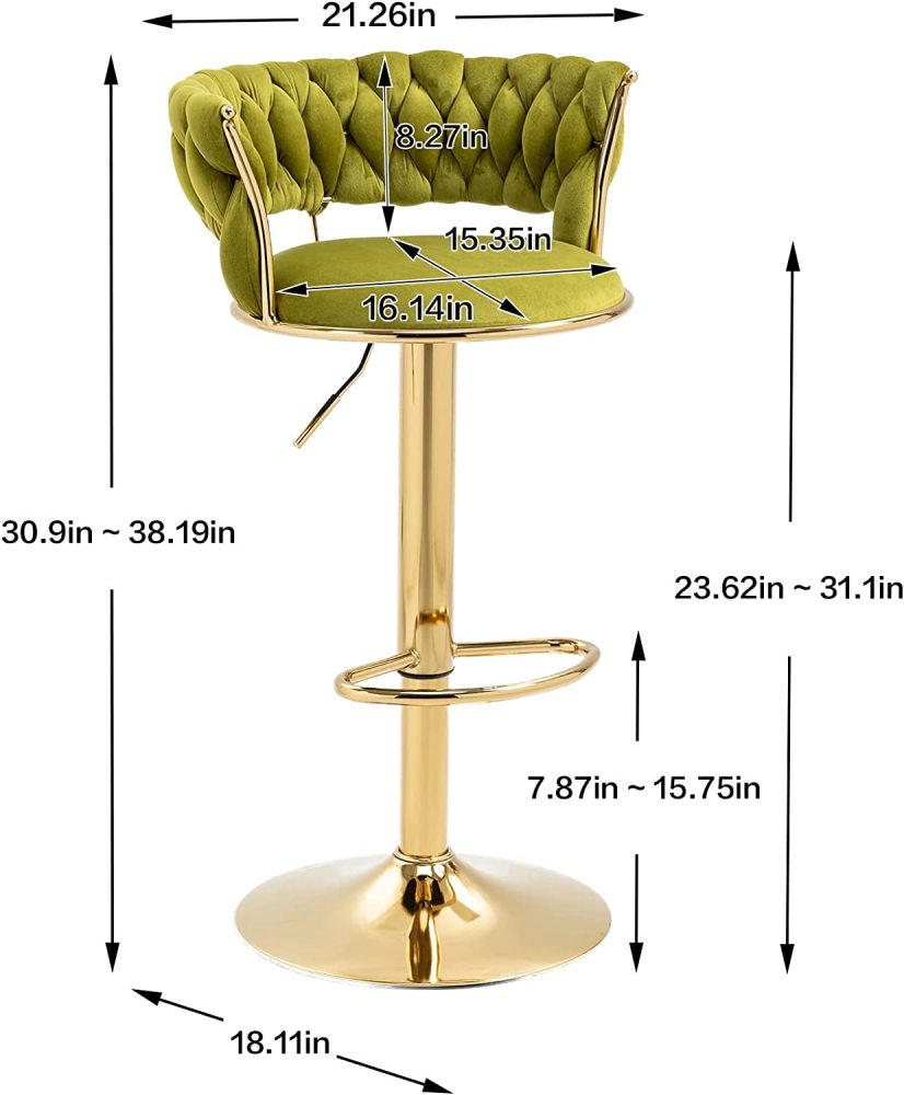 SZLIZCCC Velvet Woven Barstools Set of 2, Height Adjustable Kitchen Counter Stool, Island Chair, 360°Swivel Bar Chairs Gold Metal Chassis and Low Back Bar Stool
