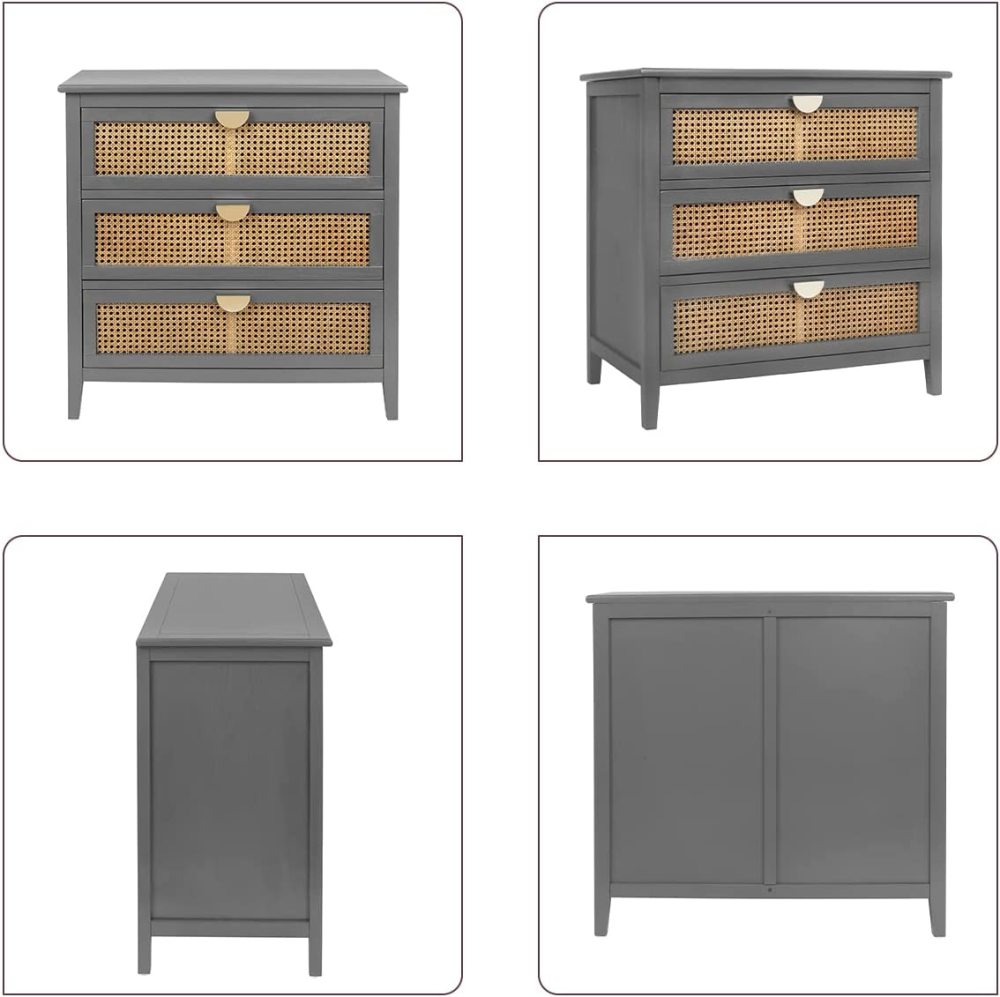 PEIHONGET 3 Drawer Dresser, Rattan Drawer Chest Modern Wood Storage Chest of Drawers with Metal Handles Storage Dresser for Kids Bedroom, Living Room, Hallway, Entryway (Grey)