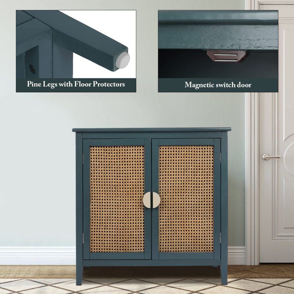 PEIHONGET Sideboard Cabinet, Rattan Accent Storage Cabinet with 2 Rattan Doors Kitchen Buffet Storage with Adjustable Shelves Cupboard for Dining Room, Living Room, Entryway, Hallway(Green)