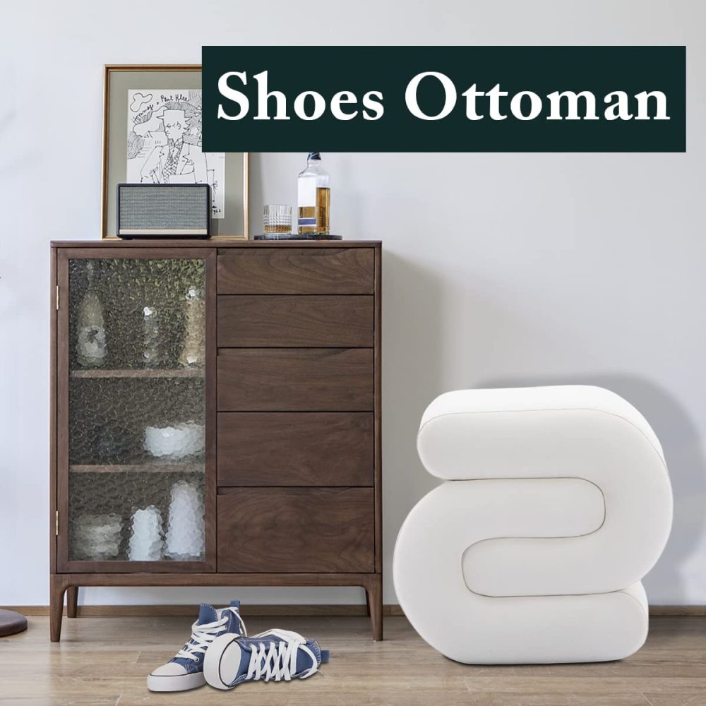 PEIHONGET S-Shape Velvet Ottoman, Vanity Stool Upholstered Footrest Ottoman Stool Dressing Chair Makeup Rest Stool Chair for Makeup, Living Room, Bedroom(White)