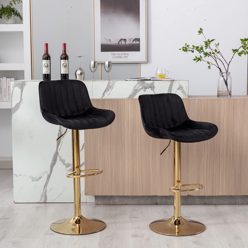 PEIHONGET Bar Stools Set of 2, 360° Swivel Barstools with Golden Base, Adjustable Airlift Counter Height Bar Stool Velvet Bar Chair with Padded Back for Kitchen, Home Bar, Pub Cafe( Black)