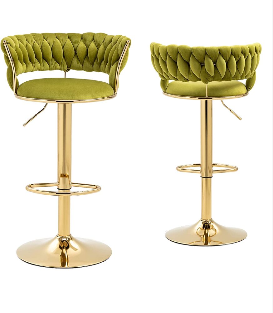 SZLIZCCC Velvet Woven Barstools Set of 2, Height Adjustable Kitchen Counter Stool, Island Chair, 360°Swivel Bar Chairs Gold Metal Chassis and Low Back Bar Stool