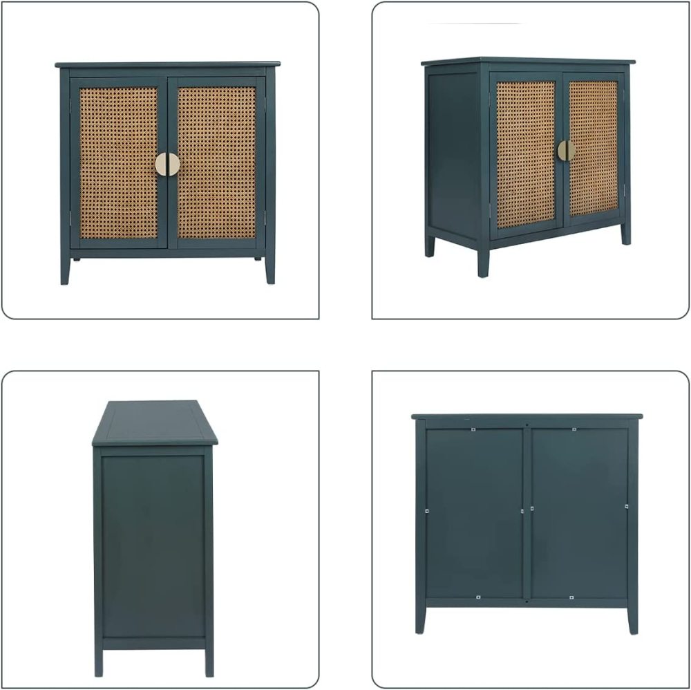 PEIHONGET Sideboard Cabinet, Rattan Accent Storage Cabinet with 2 Rattan Doors Kitchen Buffet Storage with Adjustable Shelves Cupboard for Dining Room, Living Room, Entryway, Hallway(Green)