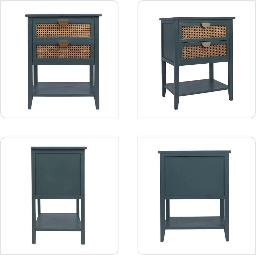 PEIHONGET Nightstands with 2 Drawers, Rattan Night Stand Bedside Table End Table Standing Storage Cabinet Organizer Dresser Drawer and Shelf for Entryway, Living Room, Bedroom, Nursery(Green)
