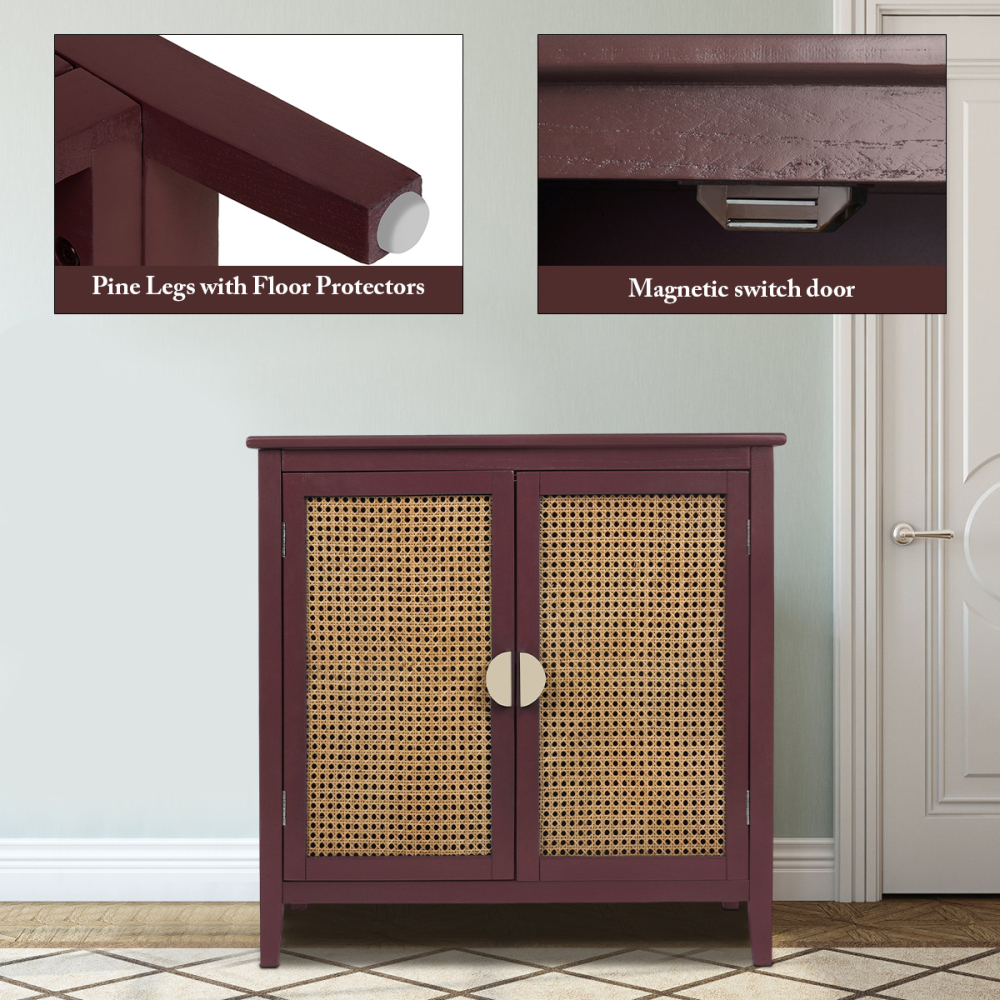 SZLIZCCC Sideboard Cabinet, Rattan Accent Storage Cabinet with 2 Rattan Doors Kitchen Buffet Storage with Adjustable Shelves Cupboard for Dining Room, Living Room, Entryway, Hallway(Green)