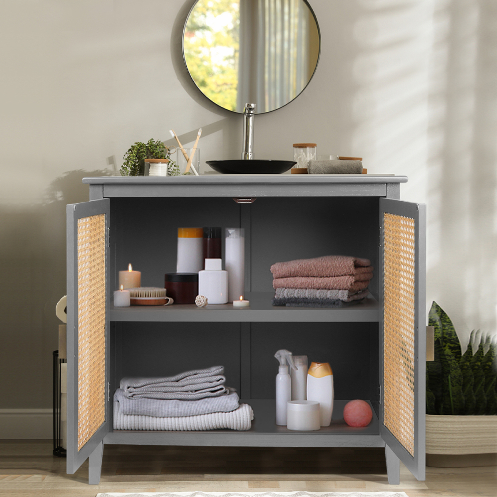 SZLIZCCC Sideboard Cabinet, Rattan Accent Storage Cabinet with 2 Rattan Doors Kitchen Buffet Storage with Adjustable Shelves Cupboard for Dining Room, Living Room, Entryway, Hallway