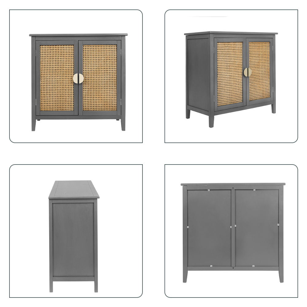 SZLIZCCC Sideboard Cabinet, Rattan Accent Storage Cabinet with 2 Rattan Doors Kitchen Buffet Storage with Adjustable Shelves Cupboard for Dining Room, Living Room, Entryway, Hallway