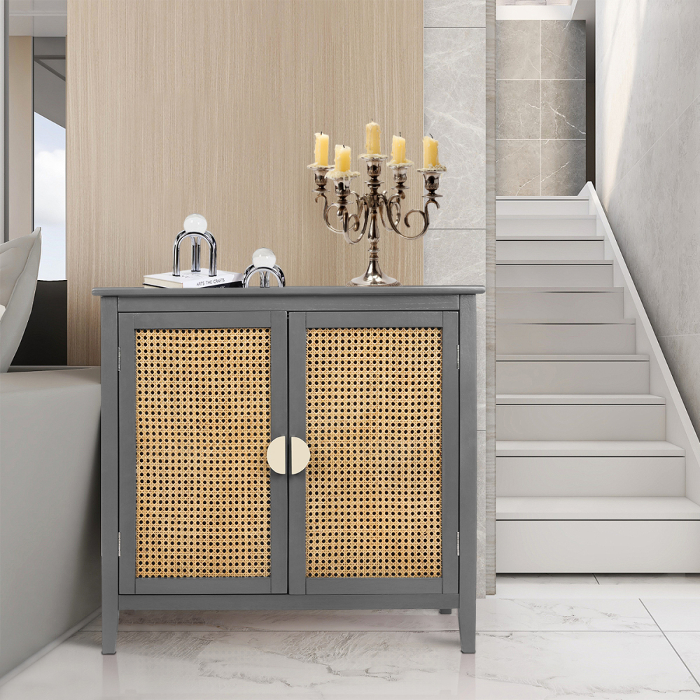 SZLIZCCC Sideboard Cabinet, Rattan Accent Storage Cabinet with 2 Rattan Doors Kitchen Buffet Storage with Adjustable Shelves Cupboard for Dining Room, Living Room, Entryway, Hallway