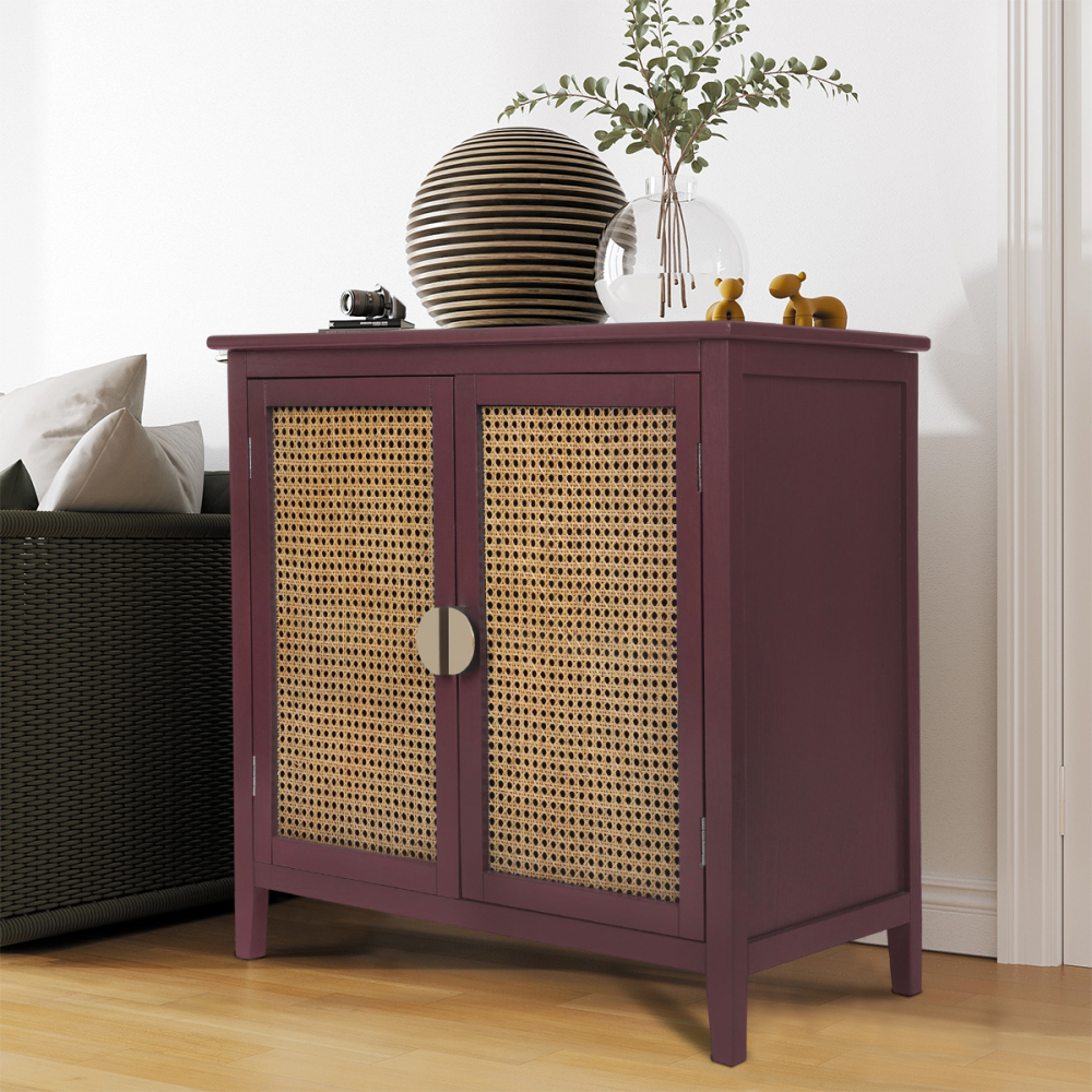 SZLIZCCC Sideboard Cabinet, Rattan Accent Storage Cabinet with 2 Rattan Doors Kitchen Buffet Storage with Adjustable Shelves Cupboard for Dining Room, Living Room, Entryway, Hallway