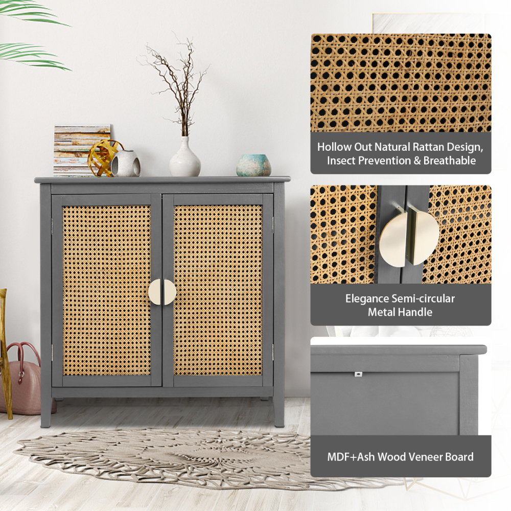 SZLIZCCC Sideboard Cabinet, Rattan Accent Storage Cabinet with 2 Rattan Doors Kitchen Buffet Storage with Adjustable Shelves Cupboard for Dining Room, Living Room, Entryway, Hallway