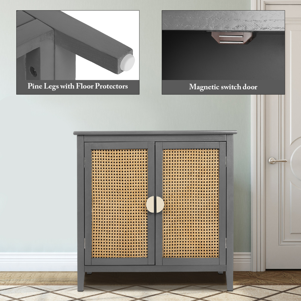 SZLIZCCC Sideboard Cabinet, Rattan Accent Storage Cabinet with 2 Rattan Doors Kitchen Buffet Storage with Adjustable Shelves Cupboard for Dining Room, Living Room, Entryway, Hallway