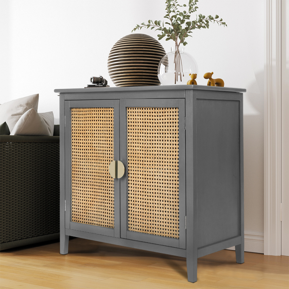 SZLIZCCC Sideboard Cabinet, Rattan Accent Storage Cabinet with 2 Rattan Doors Kitchen Buffet Storage with Adjustable Shelves Cupboard for Dining Room, Living Room, Entryway, Hallway