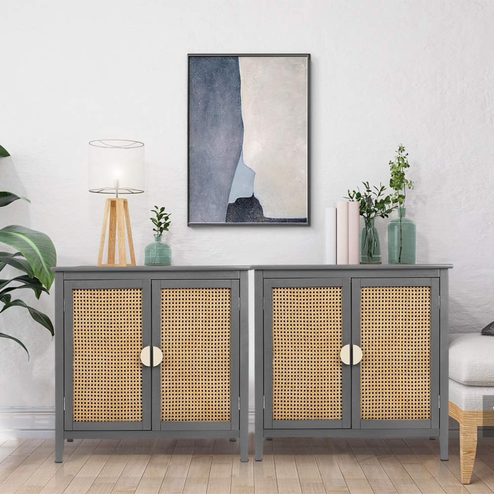 SZLIZCCC Sideboard Cabinet, Rattan Accent Storage Cabinet with 2 Rattan Doors Kitchen Buffet Storage with Adjustable Shelves Cupboard for Dining Room, Living Room, Entryway, Hallway