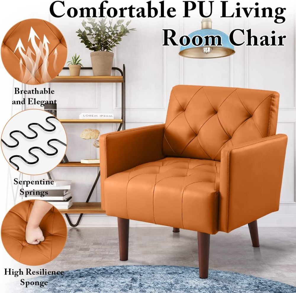 PEIHONGET Faux Leather Accent Chair, Modern Retro Arm Chair for Living Room and Bedroom Tufted Upholstered Sofa Club Chair Comfy Armchair for Small Spaces Bedroom Office (Orange)