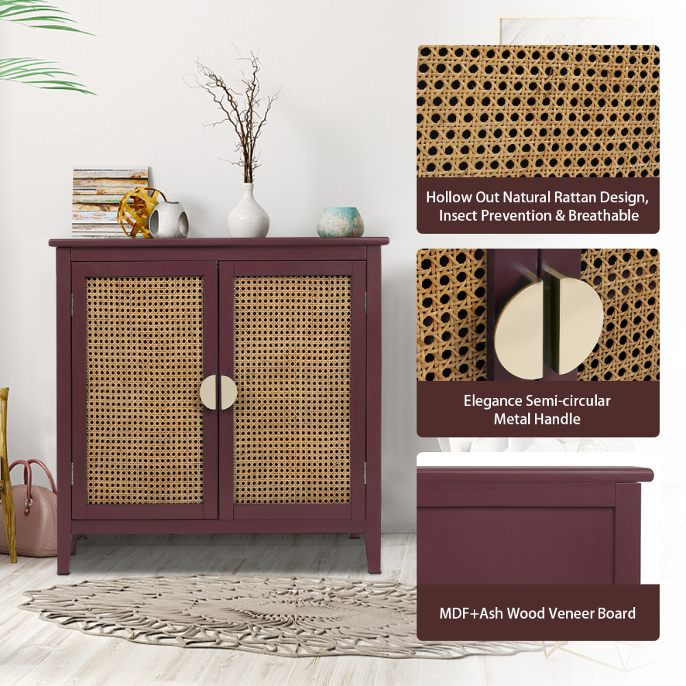 SZLIZCCC Sideboard Cabinet, Rattan Accent Storage Cabinet with 2 Rattan Doors Kitchen Buffet Storage with Adjustable Shelves Cupboard for Dining Room, Living Room, Entryway, Hallway(Green)