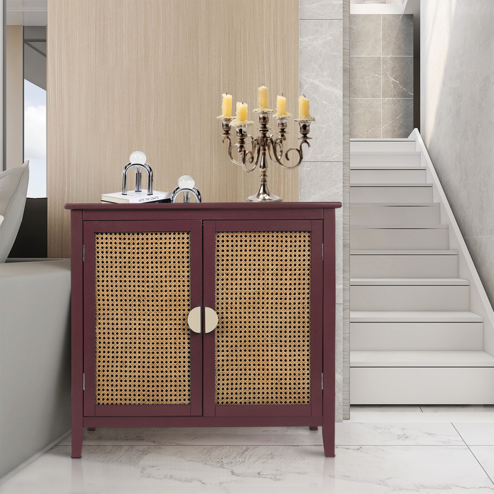 SZLIZCCC Sideboard Cabinet, Rattan Accent Storage Cabinet with 2 Rattan Doors Kitchen Buffet Storage with Adjustable Shelves Cupboard for Dining Room, Living Room, Entryway, Hallway