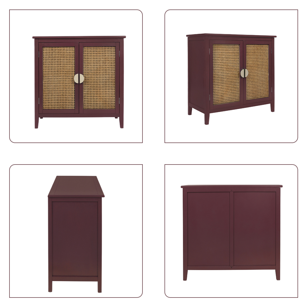 SZLIZCCC Sideboard Cabinet, Rattan Accent Storage Cabinet with 2 Rattan Doors Kitchen Buffet Storage with Adjustable Shelves Cupboard for Dining Room, Living Room, Entryway, Hallway