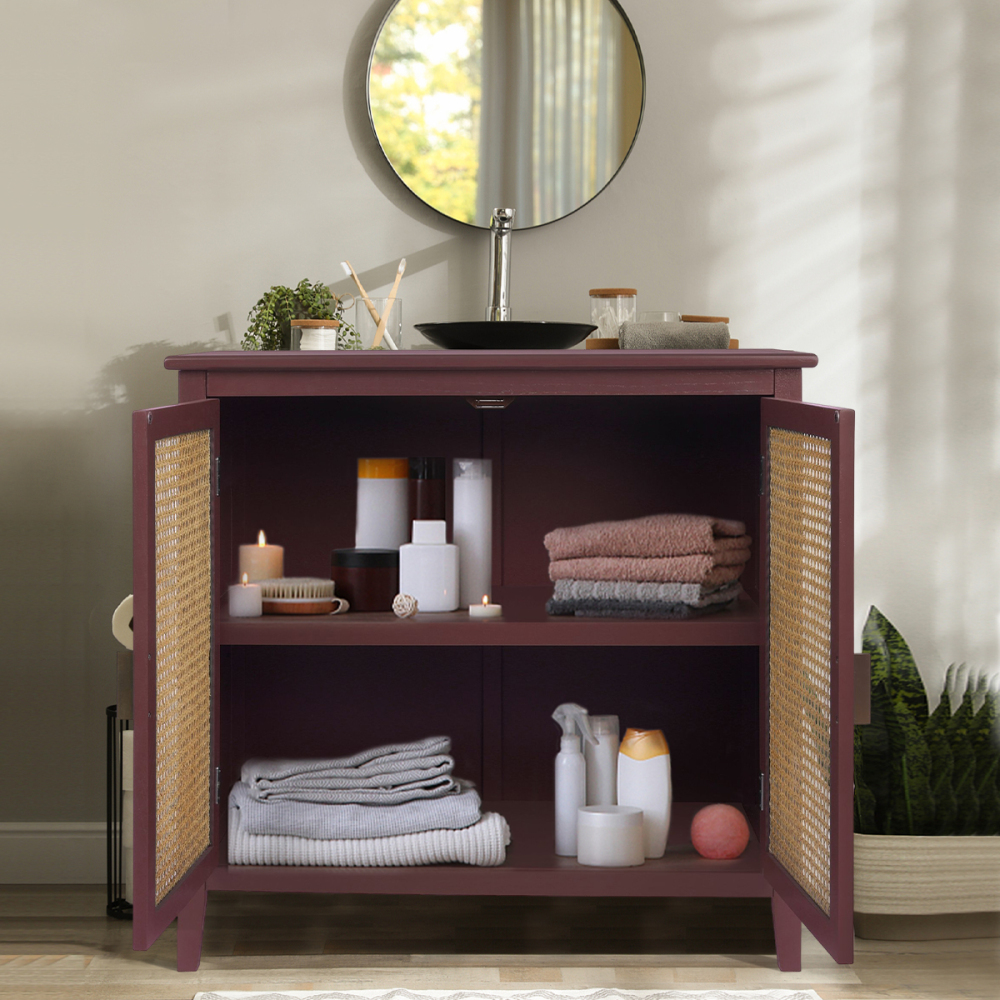 SZLIZCCC Sideboard Cabinet, Rattan Accent Storage Cabinet with 2 Rattan Doors Kitchen Buffet Storage with Adjustable Shelves Cupboard for Dining Room, Living Room, Entryway, Hallway(Green)