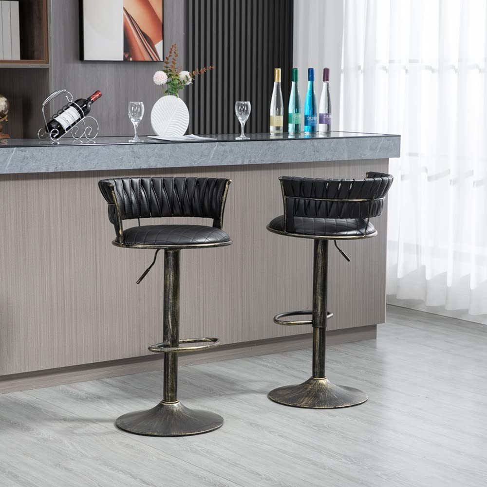 SZLIZCCC PU Leather Bar Stools Set of 1，Woven Counter Height Bar Chairs Mid-Century Modern Barstools 360° Swivel Adjustable Bar Chair with Retro Footrest High Back for Island, Dining Kitchen