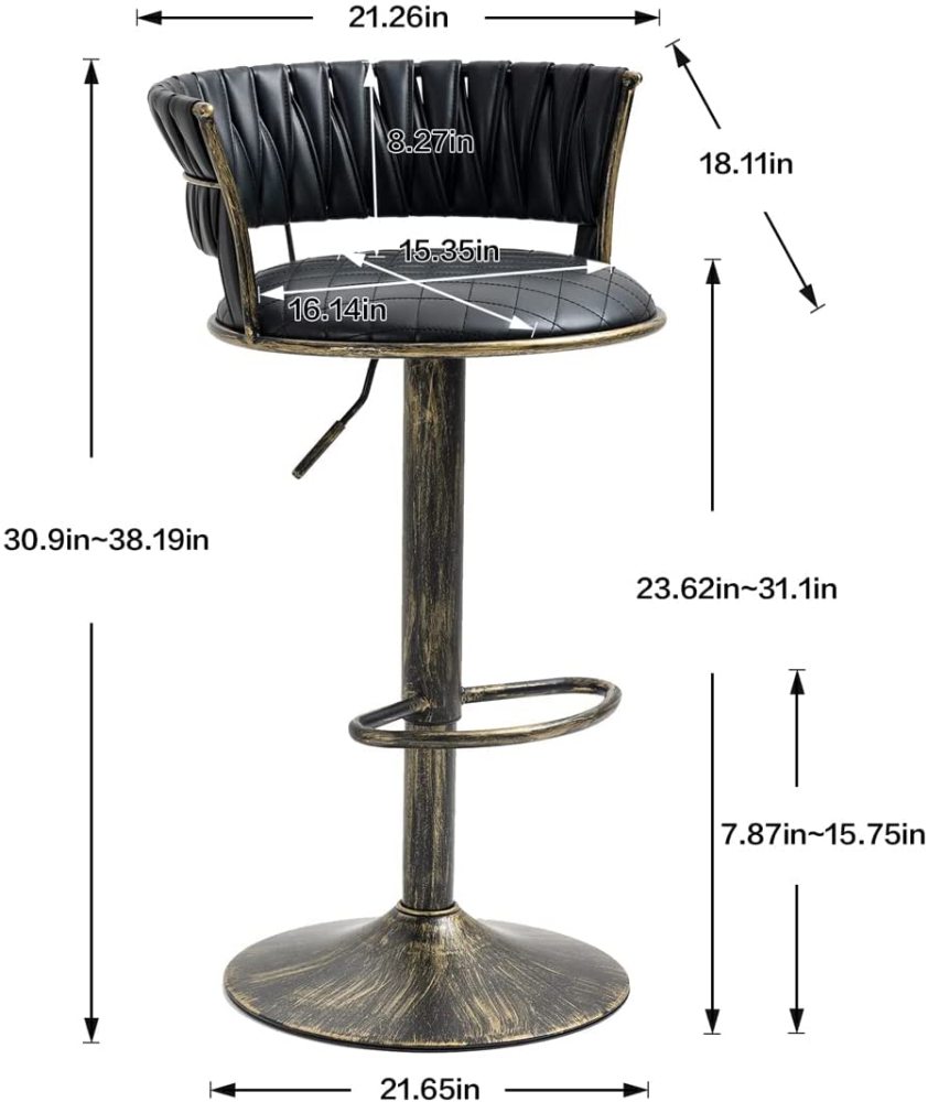 SZLIZCCC PU Leather Bar Stools Set of 1，Woven Counter Height Bar Chairs Mid-Century Modern Barstools 360° Swivel Adjustable Bar Chair with Retro Footrest High Back for Island, Dining Kitchen