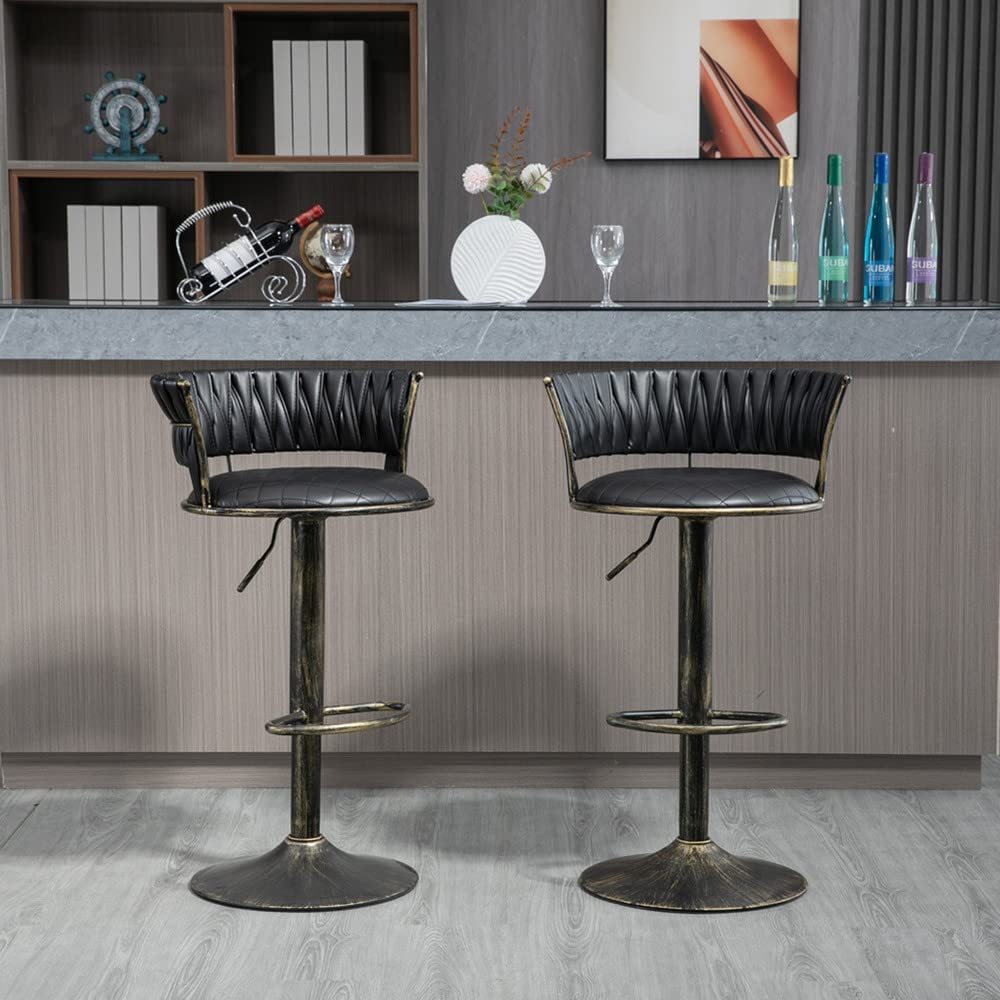 SZLIZCCC PU Leather Bar Stools Set of 1，Woven Counter Height Bar Chairs Mid-Century Modern Barstools 360° Swivel Adjustable Bar Chair with Retro Footrest High Back for Island, Dining Kitchen