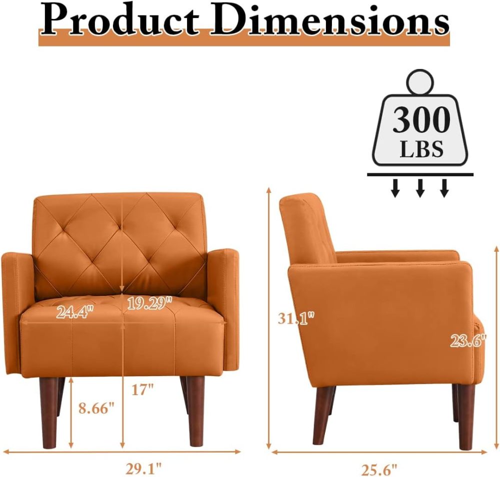 PEIHONGET Faux Leather Accent Chair, Modern Retro Arm Chair for Living Room and Bedroom Tufted Upholstered Sofa Club Chair Comfy Armchair for Small Spaces Bedroom Office (Orange)