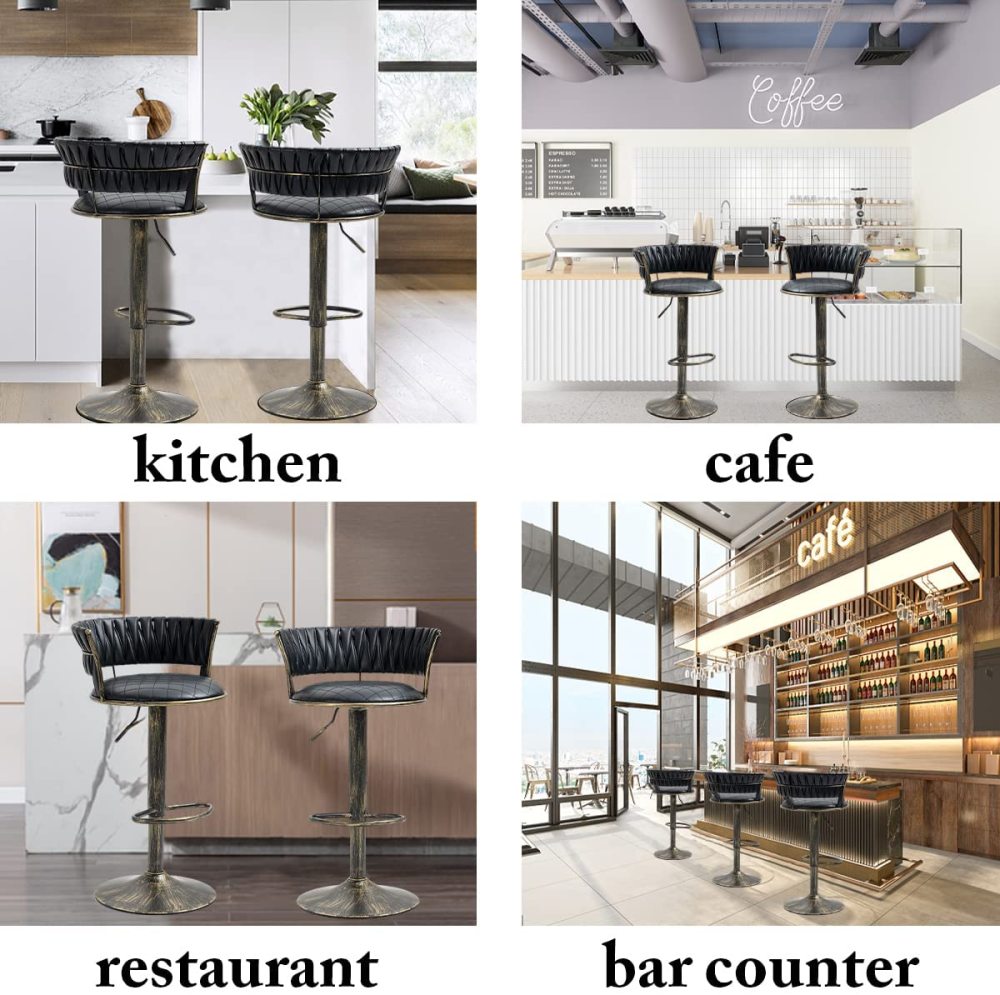 SZLIZCCC PU Leather Bar Stools Set of 1，Woven Counter Height Bar Chairs Mid-Century Modern Barstools 360° Swivel Adjustable Bar Chair with Retro Footrest High Back for Island, Dining Kitchen