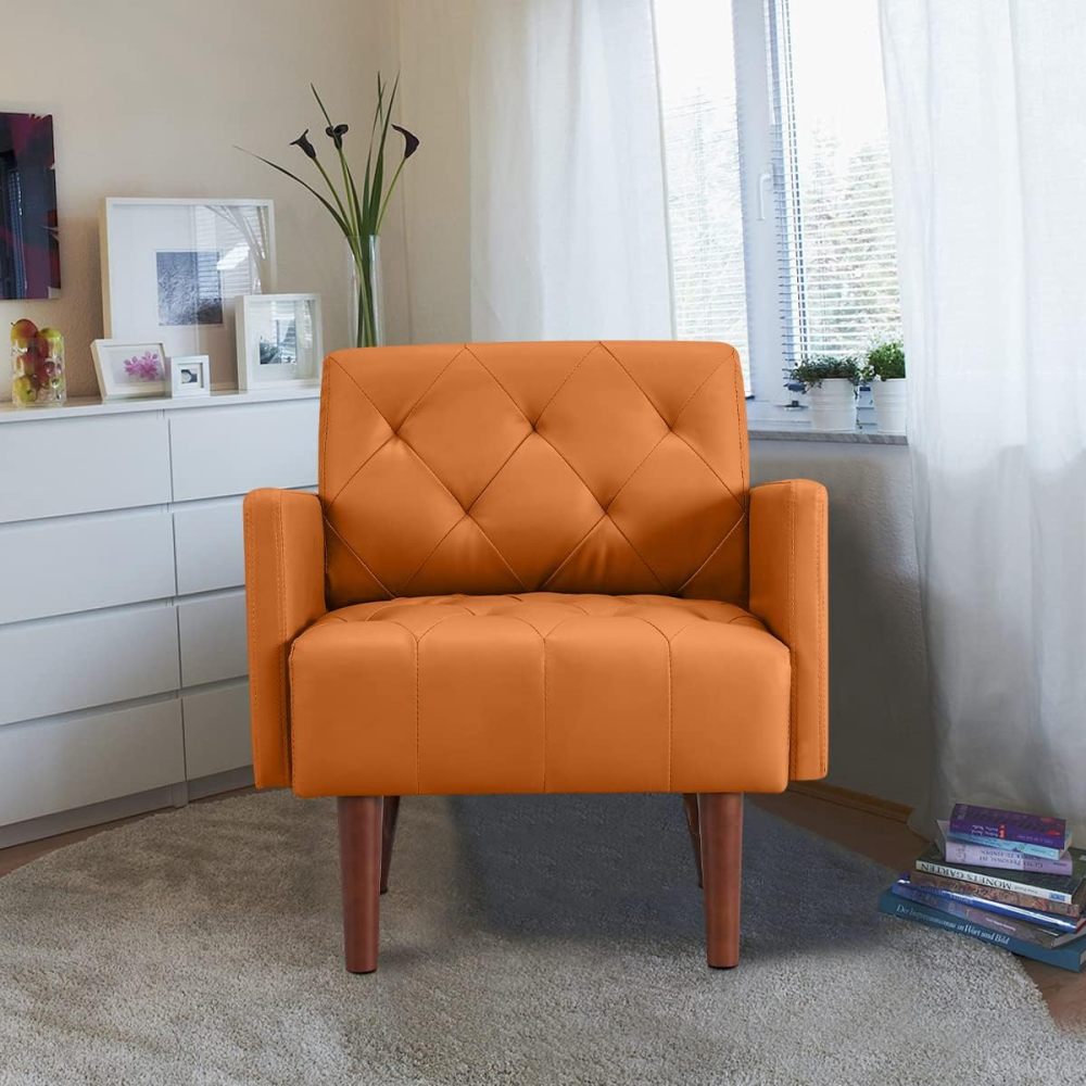 PEIHONGET Faux Leather Accent Chair, Modern Retro Arm Chair for Living Room and Bedroom Tufted Upholstered Sofa Club Chair Comfy Armchair for Small Spaces Bedroom Office (Orange)