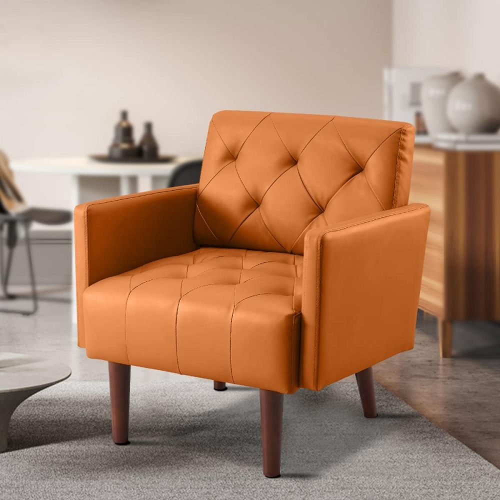 PEIHONGET Faux Leather Accent Chair, Modern Retro Arm Chair for Living Room and Bedroom Tufted Upholstered Sofa Club Chair Comfy Armchair for Small Spaces Bedroom Office (Orange)