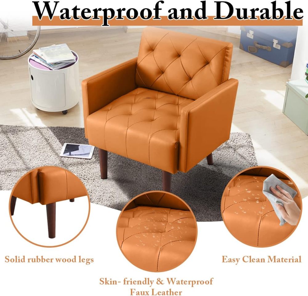 PEIHONGET Faux Leather Accent Chair, Modern Retro Arm Chair for Living Room and Bedroom Tufted Upholstered Sofa Club Chair Comfy Armchair for Small Spaces Bedroom Office (Orange)