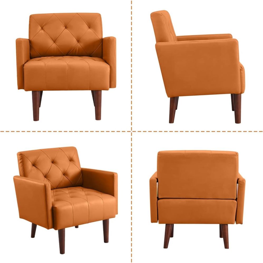 PEIHONGET Faux Leather Accent Chair, Modern Retro Arm Chair for Living Room and Bedroom Tufted Upholstered Sofa Club Chair Comfy Armchair for Small Spaces Bedroom Office (Orange)