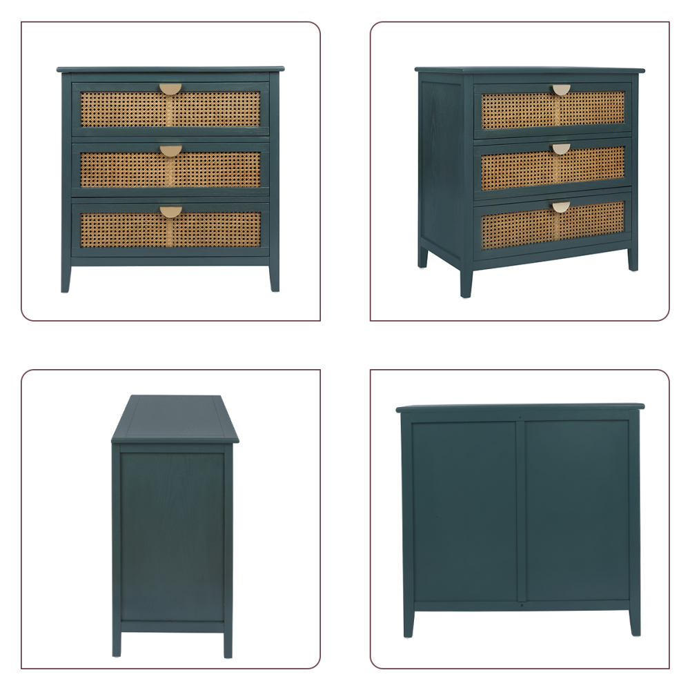 SZLIZCCC 3 Drawer Dresser, Rattan Drawer Chest Modern Wood Storage Chest of Drawers with Metal Handles Storage Dresser for Kids Bedroom, Living Room, Hallway, Entryway (Grey)