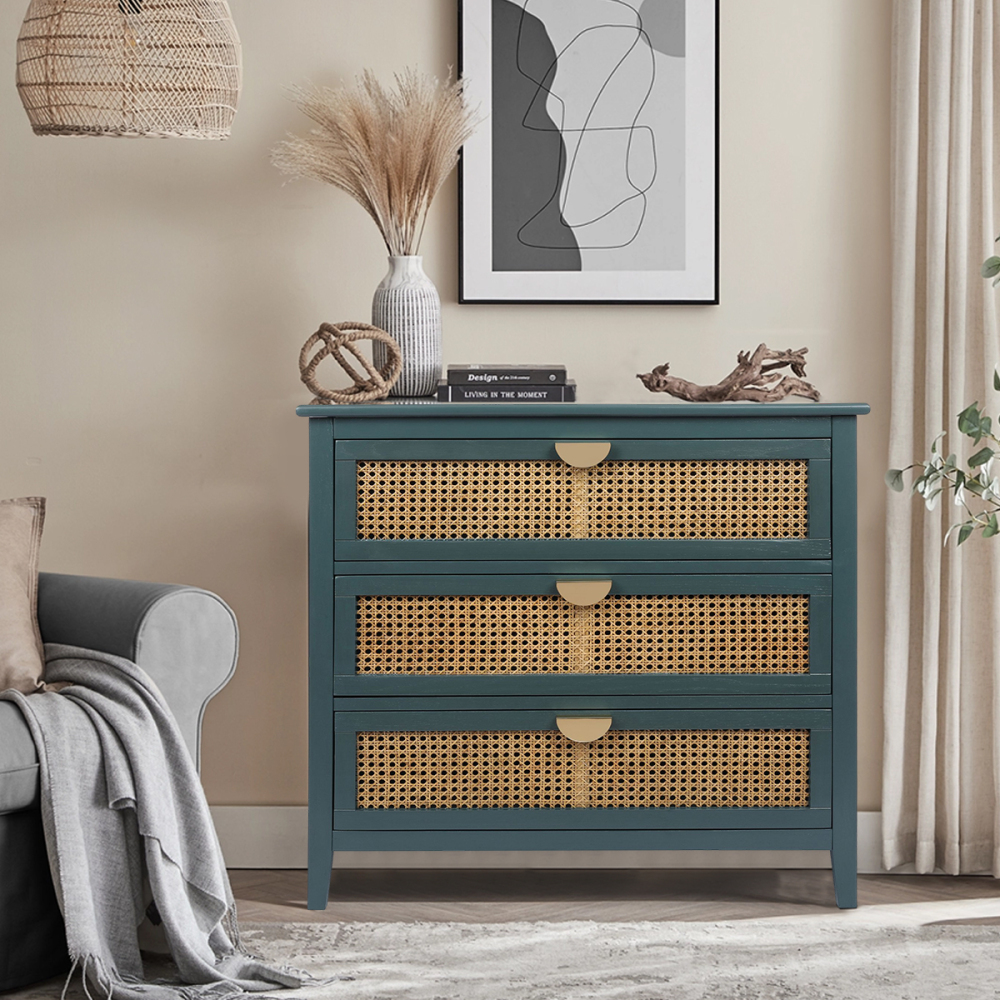 SZLIZCCC 3 Drawer Dresser, Rattan Drawer Chest Modern Wood Storage Chest of Drawers with Metal Handles Storage Dresser for Kids Bedroom, Living Room, Hallway, Entryway (Grey)