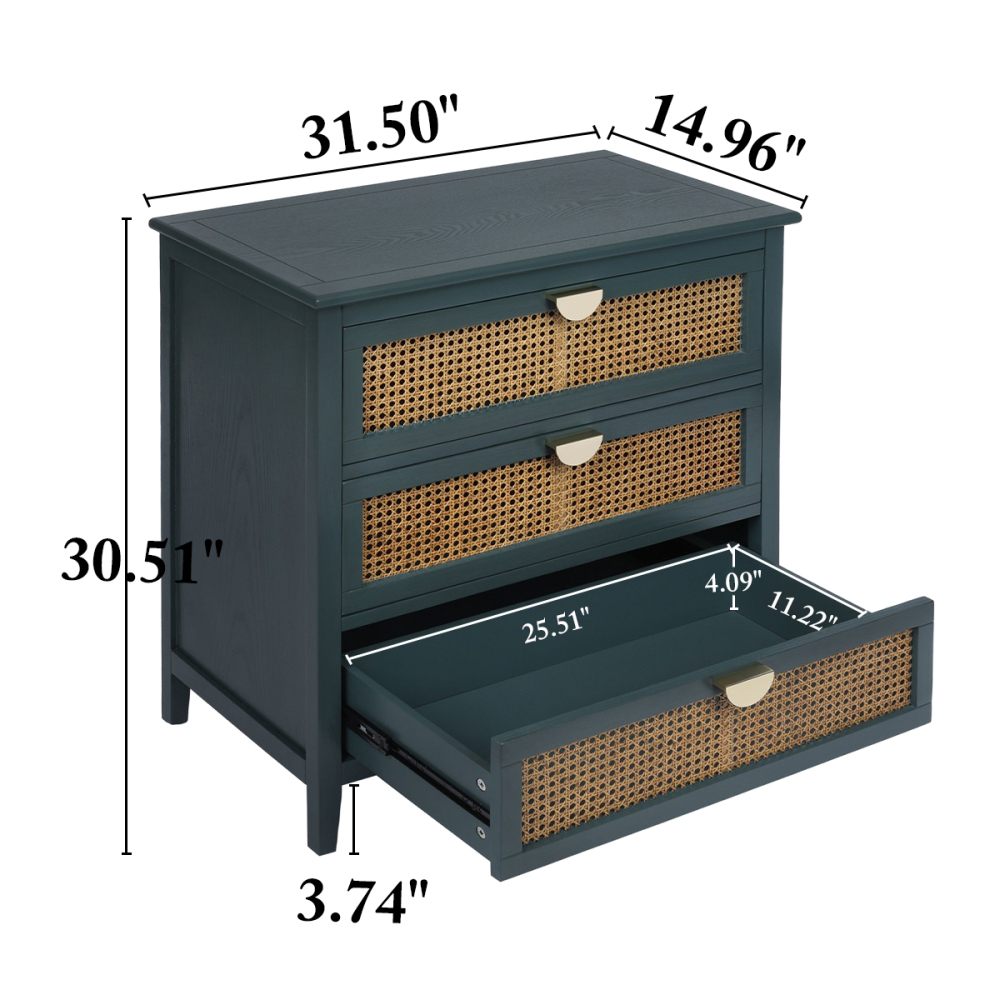 SZLIZCCC 3 Drawer Dresser, Rattan Drawer Chest Modern Wood Storage Chest of Drawers with Metal Handles Storage Dresser for Kids Bedroom, Living Room, Hallway, Entryway (Grey)