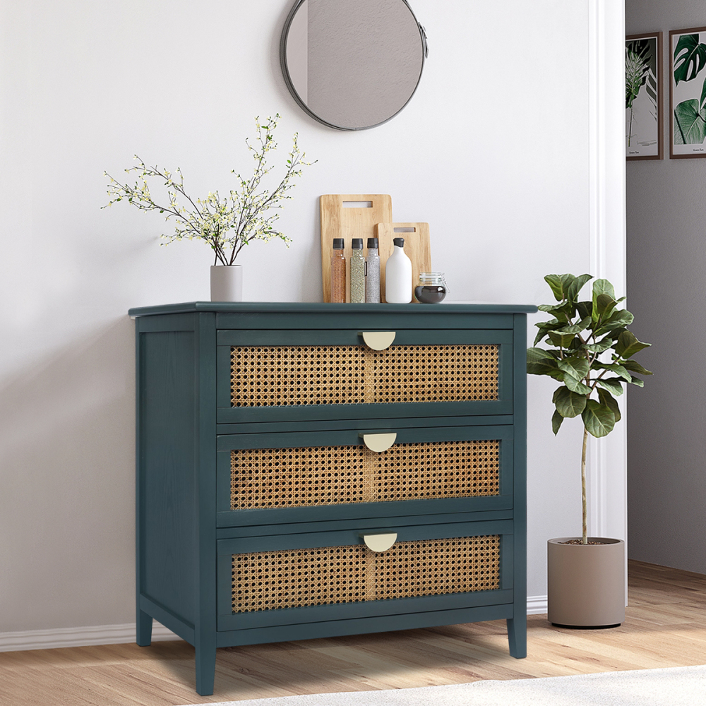 SZLIZCCC 3 Drawer Dresser, Rattan Drawer Chest Modern Wood Storage Chest of Drawers with Metal Handles Storage Dresser for Kids Bedroom, Living Room, Hallway, Entryway (Grey)