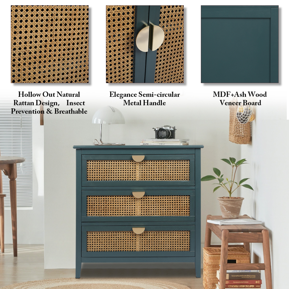 SZLIZCCC 3 Drawer Dresser, Rattan Drawer Chest Modern Wood Storage Chest of Drawers with Metal Handles Storage Dresser for Kids Bedroom, Living Room, Hallway, Entryway (Grey)