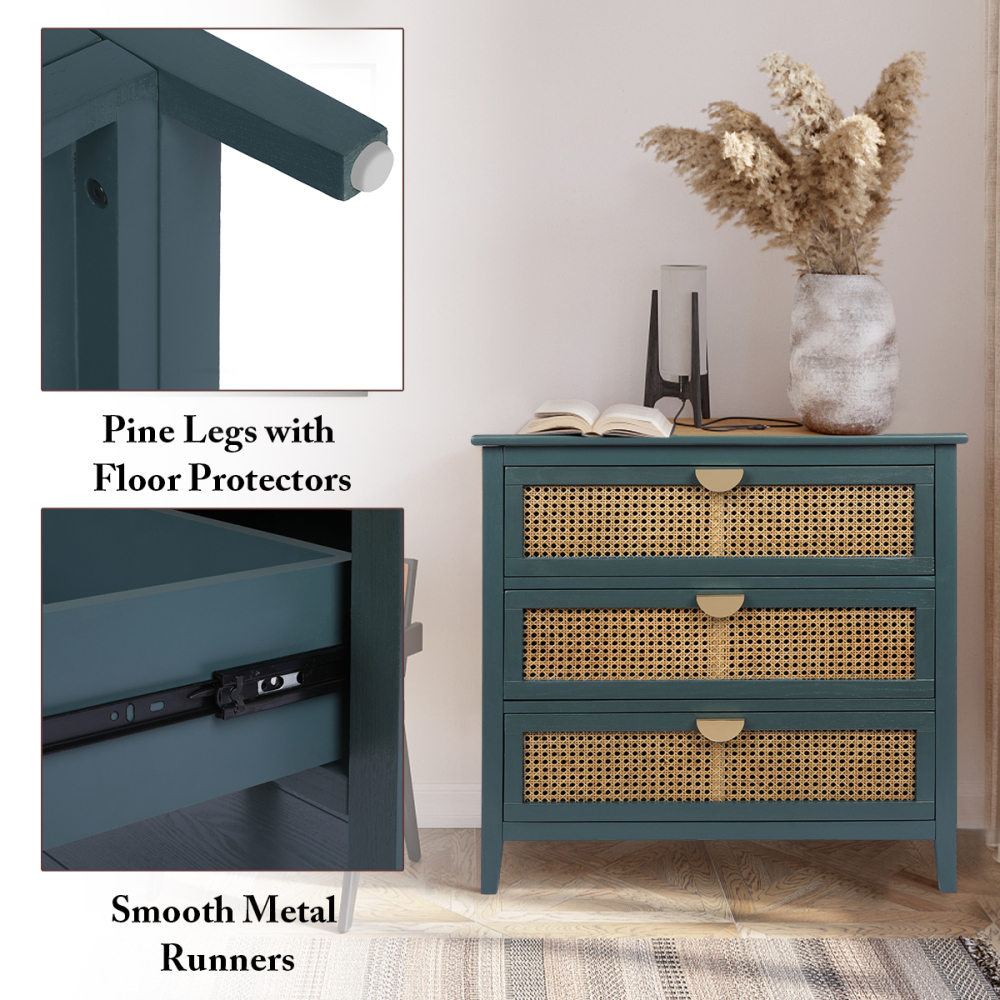 SZLIZCCC 3 Drawer Dresser, Rattan Drawer Chest Modern Wood Storage Chest of Drawers with Metal Handles Storage Dresser for Kids Bedroom, Living Room, Hallway, Entryway (Grey)