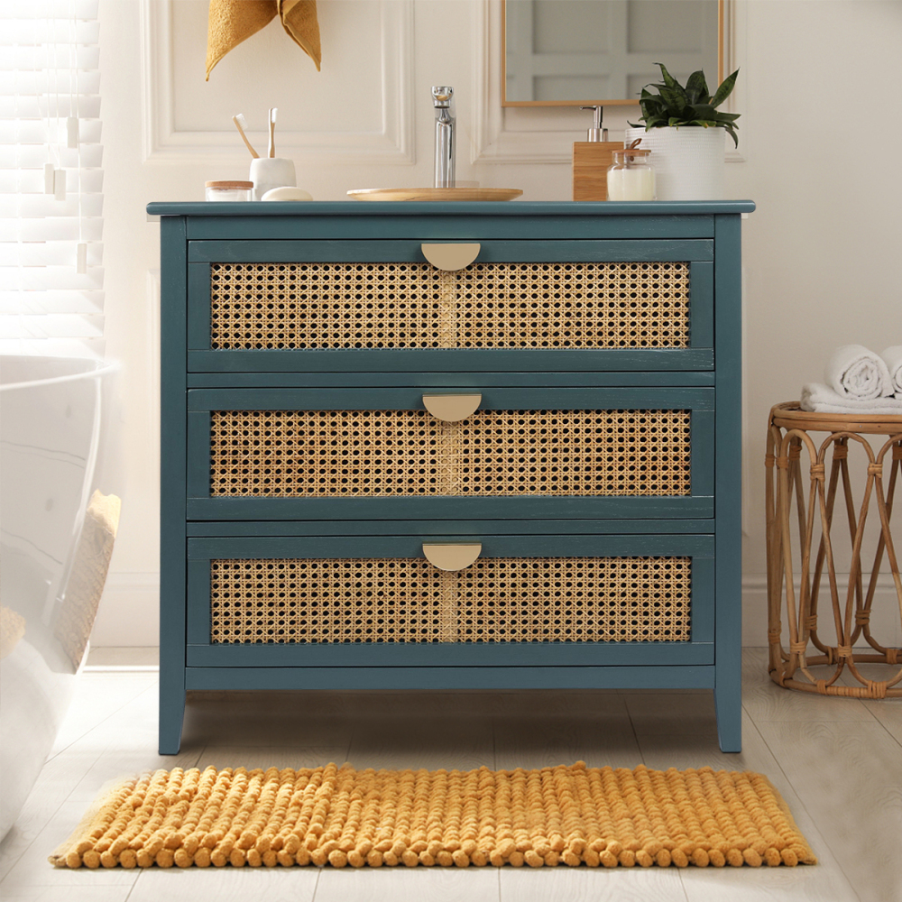 SZLIZCCC 3 Drawer Dresser, Rattan Drawer Chest Modern Wood Storage Chest of Drawers with Metal Handles Storage Dresser for Kids Bedroom, Living Room, Hallway, Entryway (Grey)