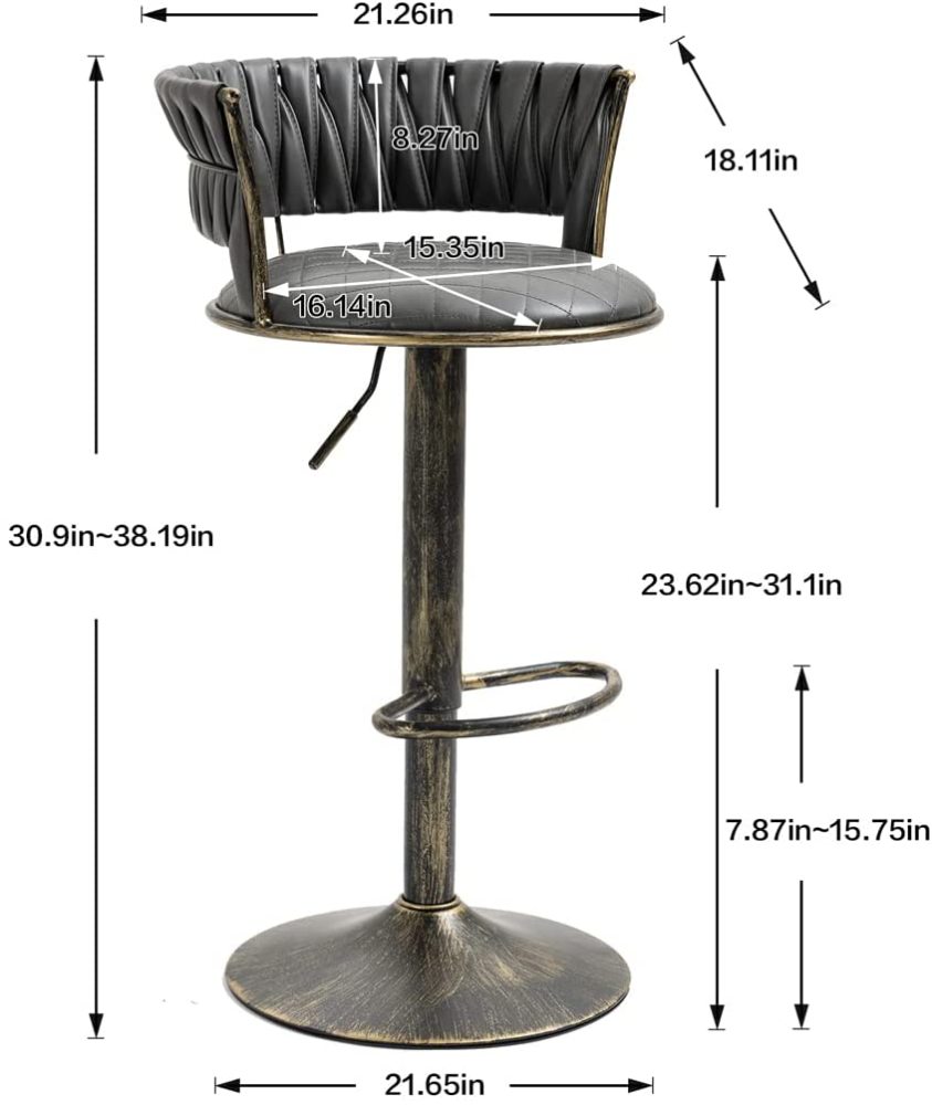 SZLIZCCC PU Leather Bar Stools Set of 1，Woven Counter Height Bar Chairs Mid-Century Modern Barstools 360° Swivel Adjustable Bar Chair with Retro Footrest High Back for Island, Dining Kitchen