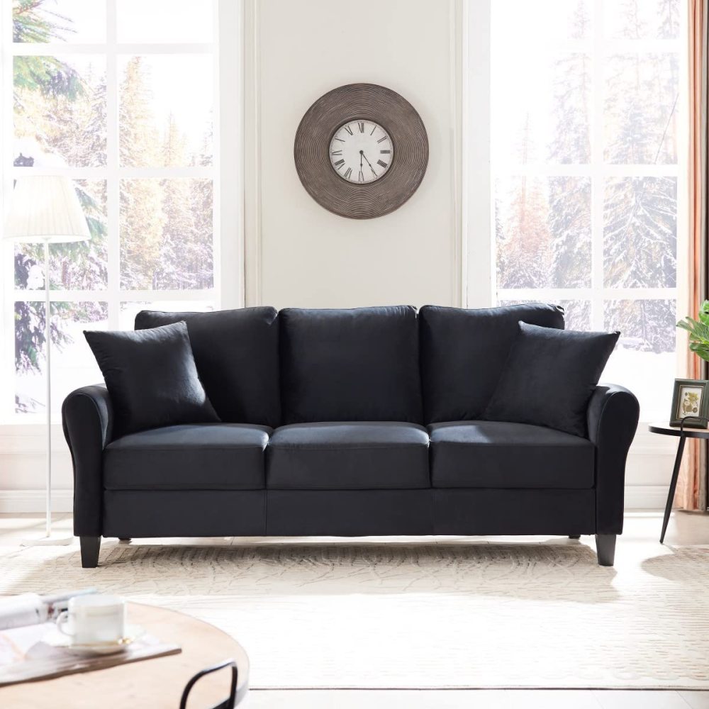 SZLIZCCC 78.35" Mid-Century Modern Living Room Sofa 3 Seater Velvet Sofa Couch with 2 Pillows Armrest and Wood Legs for Bedroom, Apartment, Dorm, Office (Gray)