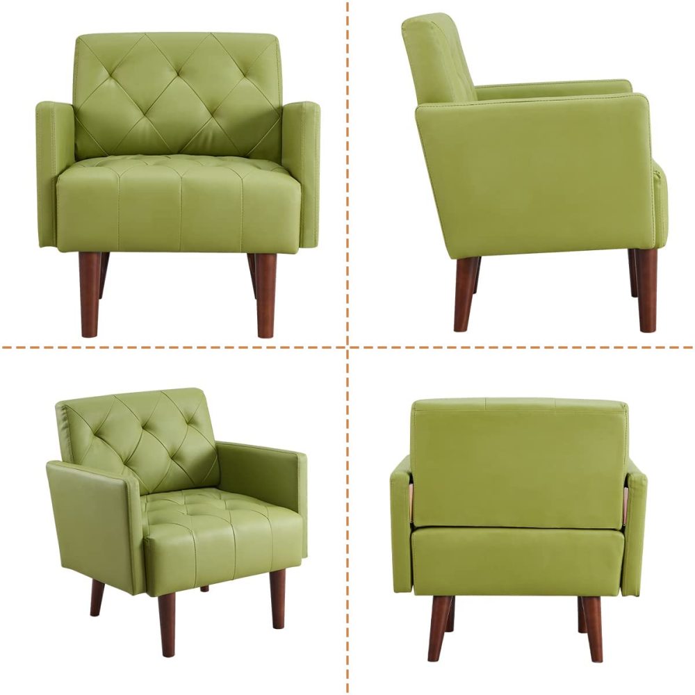 PEIHONGET PU Leather Accent Chair, Mid Century Modern Armchair for Living Room Reading Tufted Chair Single Sofa High-Density Foam Cushion Solid Wood Legs for Home, Bedroom, Office, Reception(White)