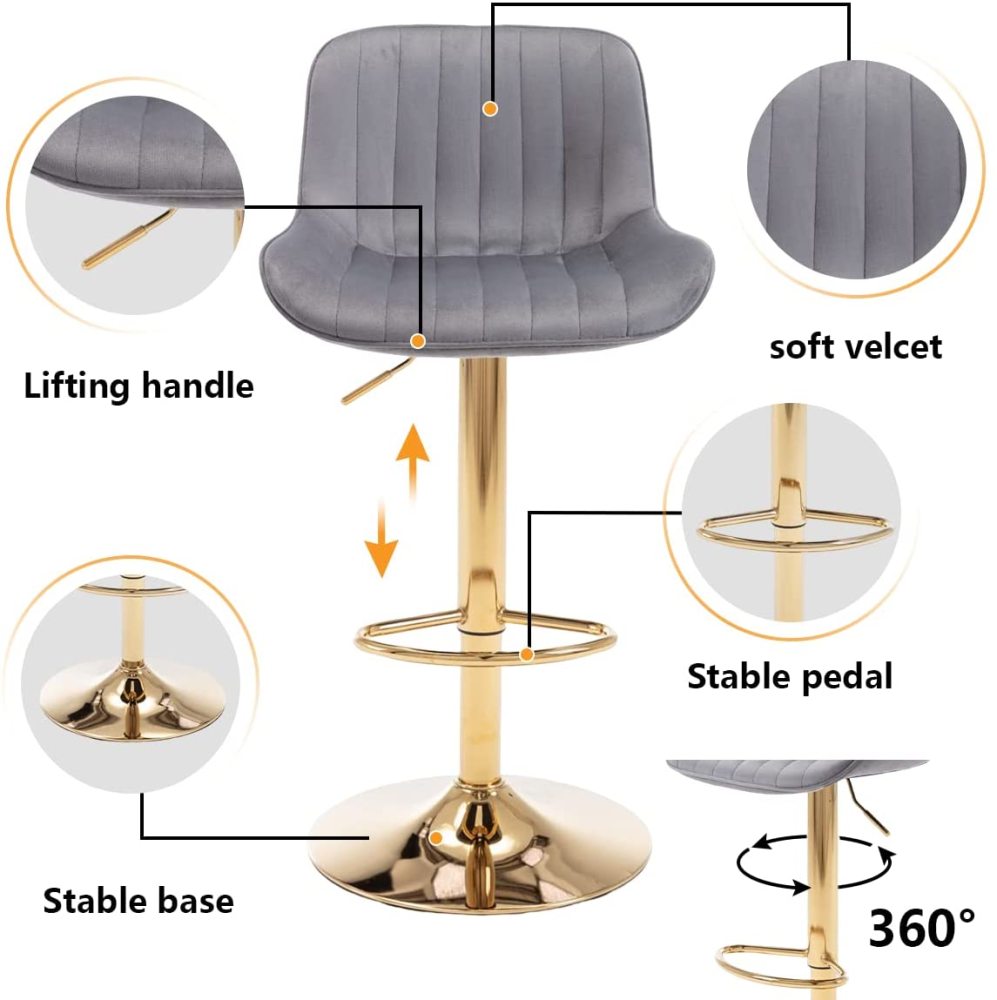 SZLIZCCC Bar Stools Set of 2, 360° Swivel Barstools with Golden Base, Adjustable Airlift Counter Height Bar Stool Velvet Bar Chair with Padded Back for Kitchen, Home Bar, Pub Cafe( Black)