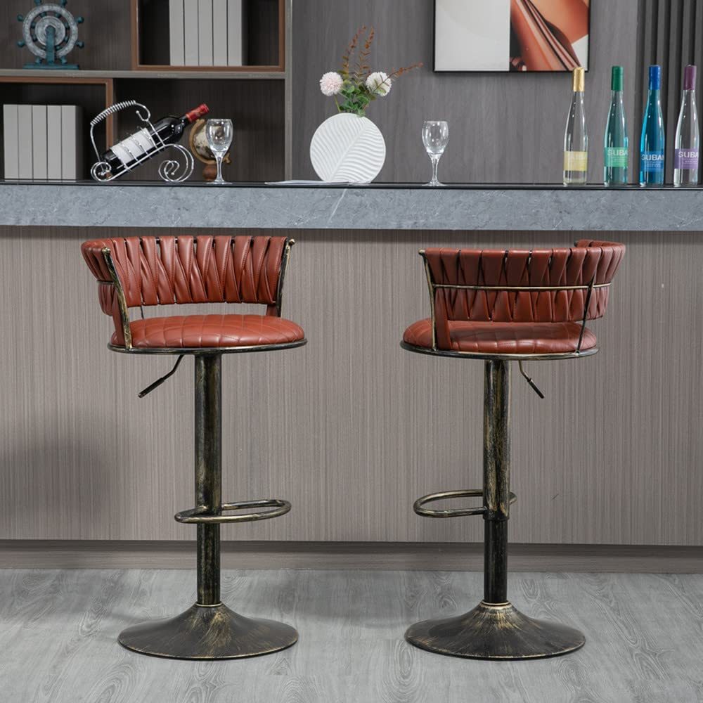SZLIZCCC PU Leather Bar Stools Set of 1，Woven Counter Height Bar Chairs Mid-Century Modern Barstools 360° Swivel Adjustable Bar Chair with Retro Footrest High Back for Island, Dining Kitchen