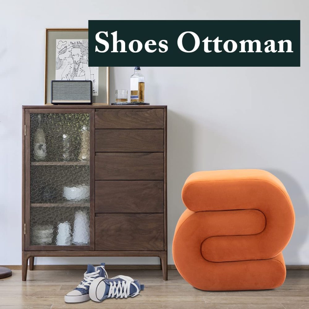 SZLIZCCC S-Shape Velvet Ottoman, Vanity Stool Upholstered Footrest Ottoman Stool Dressing Chair Makeup Rest Stool Chair for Makeup, Living Room, Bedroom(White)